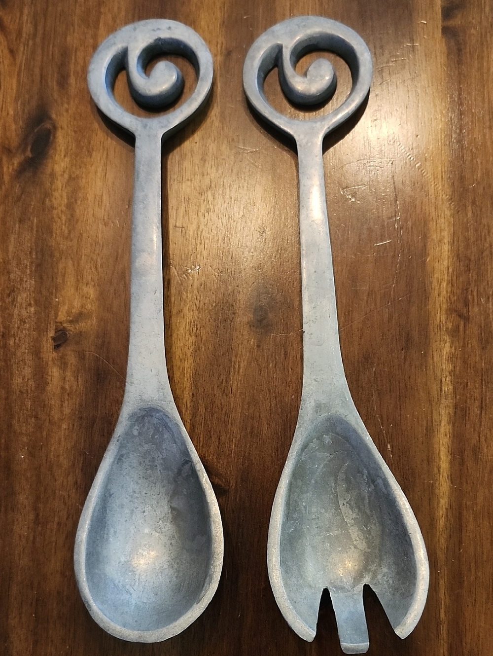 Pewter Swirl Handle Serving Spoon and Fork Set - Vintage